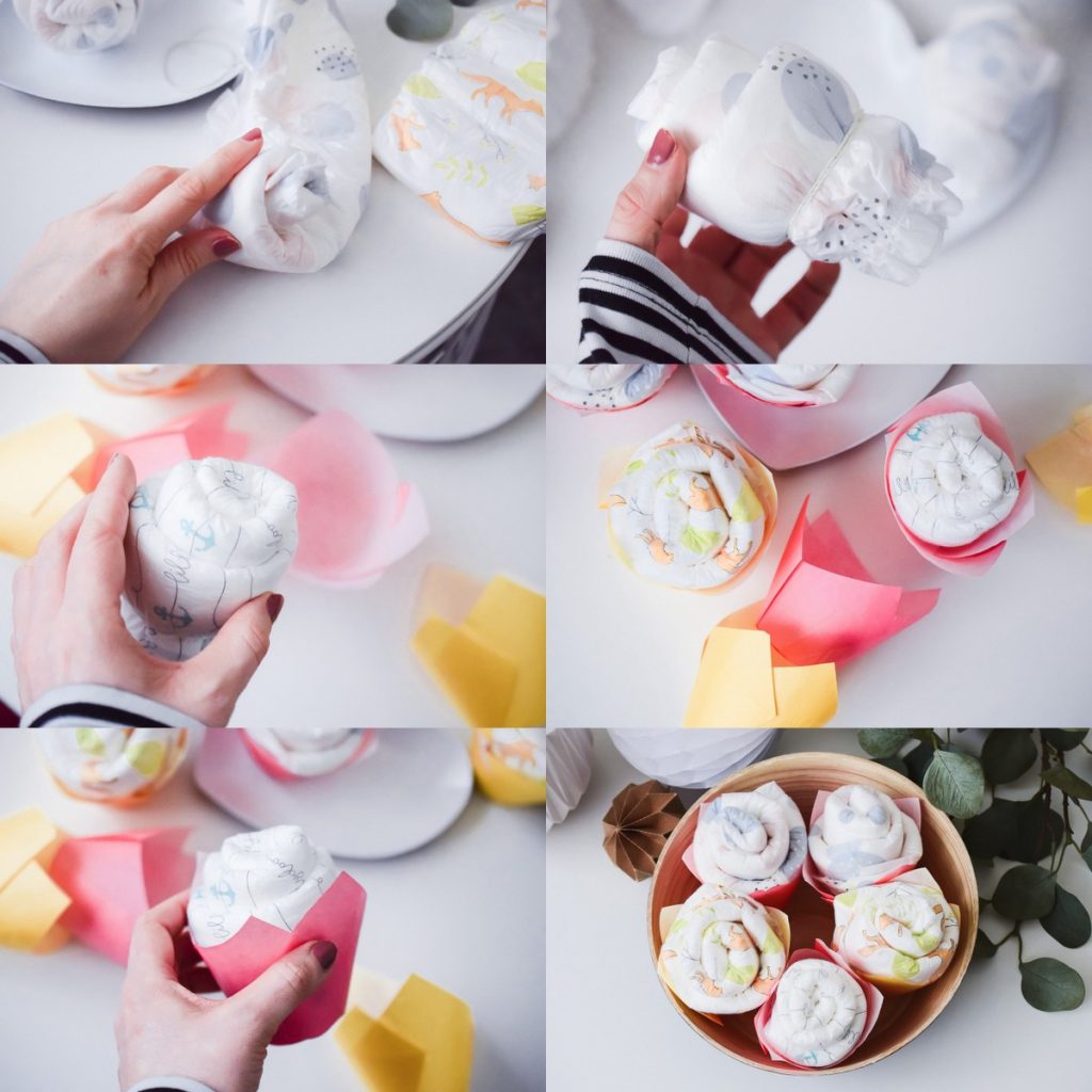 Windel Cupcakes Anleitung Alternative Windeltorte selber machen Geschenkidee zur Geburt Babys junge Eltern basteln Kinder